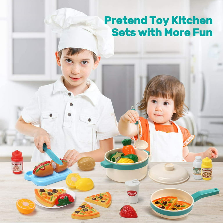 CUTE STONE 40PCS Kids Play Kitchen Accessories, Play Cooking Toys with Pots  and Pans, Cutting Play Food Set and Cookware Utensils Kids Kitchen Playset
