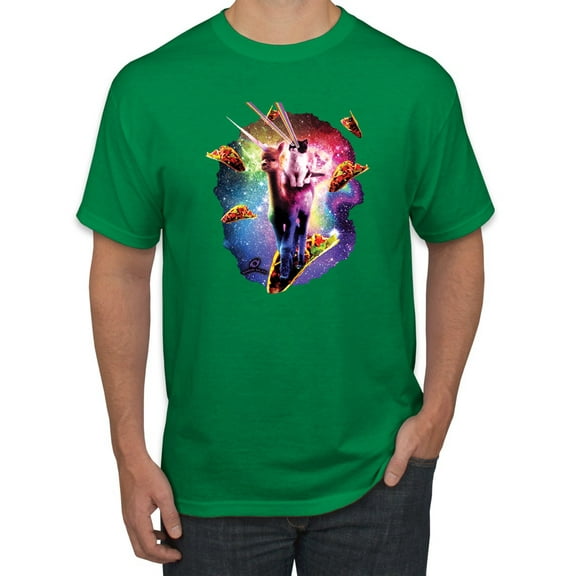 Wild Bobby, Cosmic Trippy Cat Riding Llamacorn in Space, Animal Lover, Men Graphic Tees, Kelly, Small