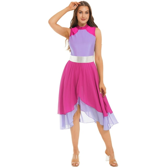 Women's Color Block Irregular Dance Dress Sleeveless Liturgical Worship Robe Dance Dress Hot Pink&Light Purple S