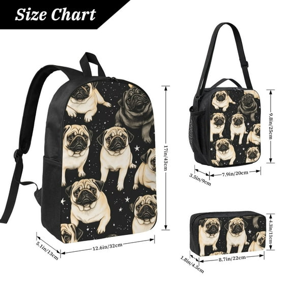 Cute Pug Dog Printed Backpack 17 Inch Set with Lunch Bag and CaseDurableTravel Bag Combo for Work Commuting Daily Use