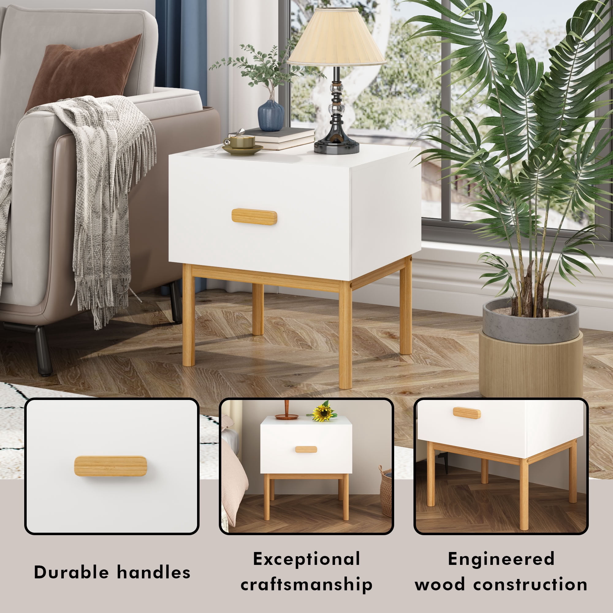 MAYEERTY Modern Nightstand with Drawer, Compact Freestanding Side Storage Table for Bedroom Living Room Apartment Small Spaces