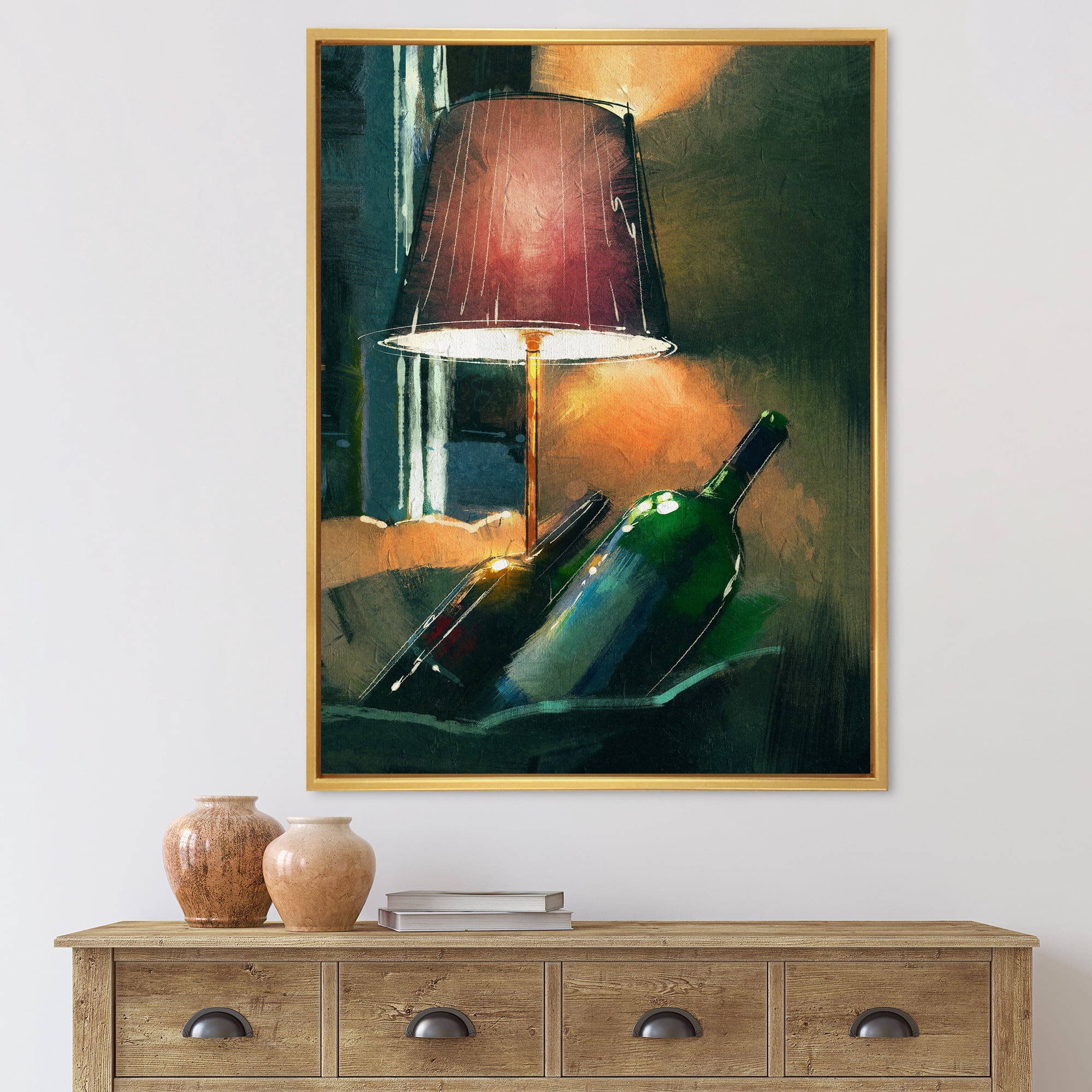 Designart 'Lamp Glowing Orange In The Night and Wine Bottles' Modern Framed Canvas Wall Art Print