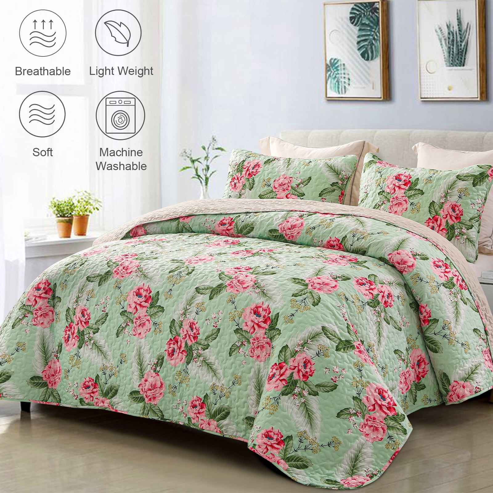 Exclusivo Mezcla Floral Quilt Set Queen Size, 3-Piece Reversible Quilt Bedding Set with Botanical Pink Flower Pattern, Lightweight and Soft Bedspread Coverlets