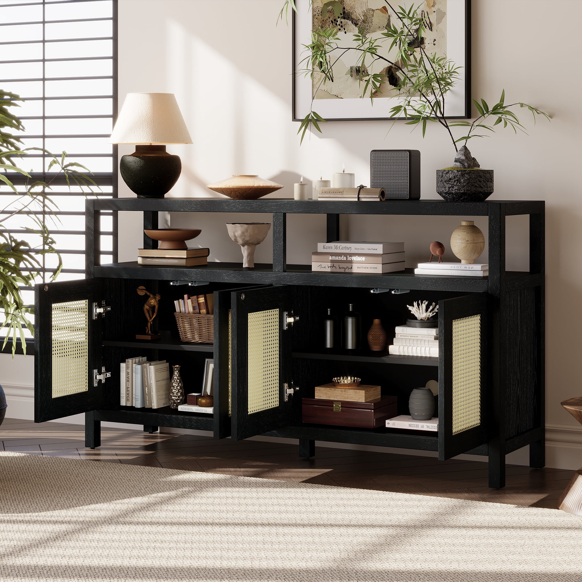 EUROCO 60" Sideboard Buffet Cabinet with Storage,Rattan Coffee Bar Station Table with Adjustable Shelves and 4 Doors for Living Room,Entryway,Black