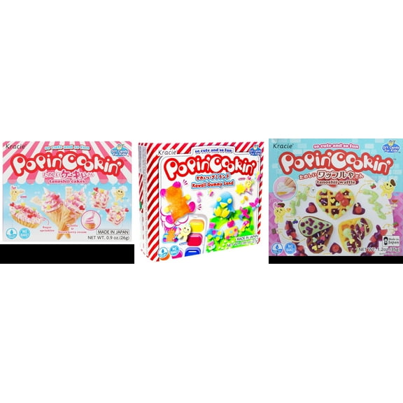 3 Pack Kracie Popin Cookin DIY Candy Kit, 3 Mixed Flavor (Cakes,Kawaii Gummy Land,Waffle) Plus NineChef Brand Long Handle Coffee Spoon
