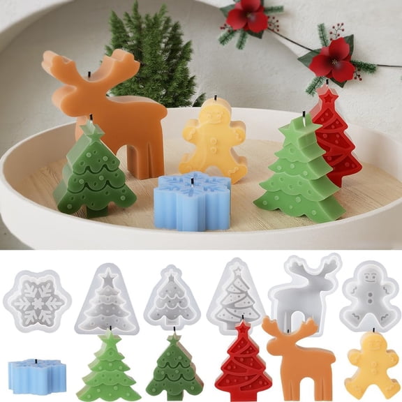 6pcs Christmas Candle Mold Christmas Tree Snowflake Silicone Mold for Resin Candle Soap Plaster Casting Gingerbread Man Reindeer Soap Molds DIY Holiday Ornaments and Gift