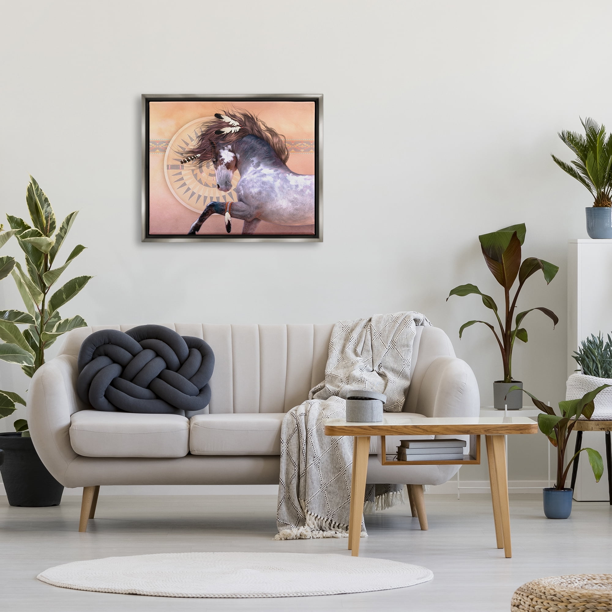Stupell Industries Native Spirit Stallion Animals & Insects Painting Gray Floater Framed Canvas Art Print Wall Art, 31 x 25