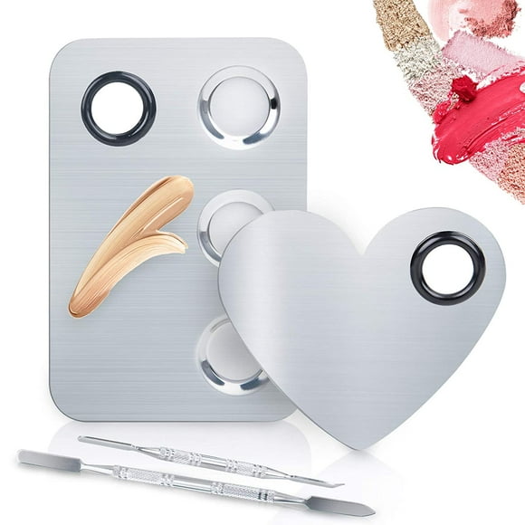 2Pcs Pro Makeup Palette, As a mirror Stainless Steel Metal Cosmetic Makeup Mixing Palette with Spatula Artist Tool for Beauty Salon Color Cream Mixing pallet