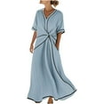 thumbnail image 1 of Robe Longue en Lin pour Femmes à Col en V, Manches Courtes, devant Torsadé, Garniture Contrastante, Robe d'Été Décontractée, L, 1 of 5