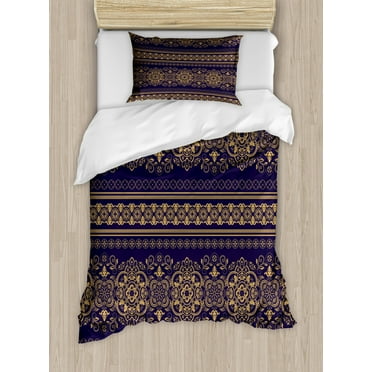 Turkish Pattern Twin Size Duvet Cover Set, Damask Style Medieval Flowers with Rich Details Horizontal Borders, Decorative 2 Piece Bedding Set with 1 Pillow Sham, Indigo Pale Amber, by Ambesonne