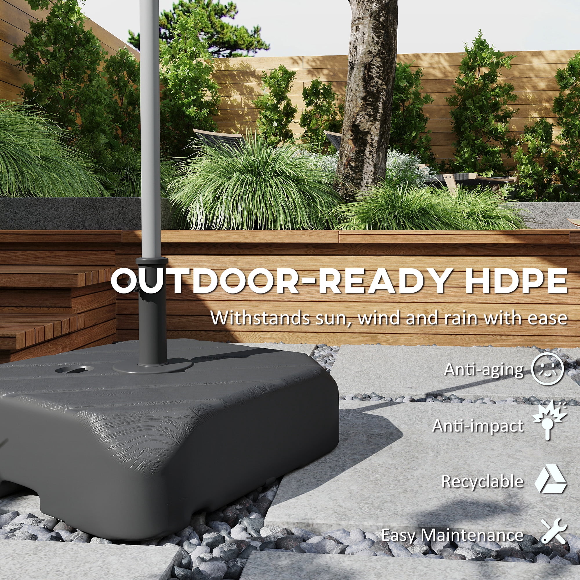 Outsunny Square Patio Umbrella Base with Wheels, Telescopic Handle, 158 lb Sand or 99 lb Water Filled Umbrella Stand Base for 1.5"/1.9" Poles, Black