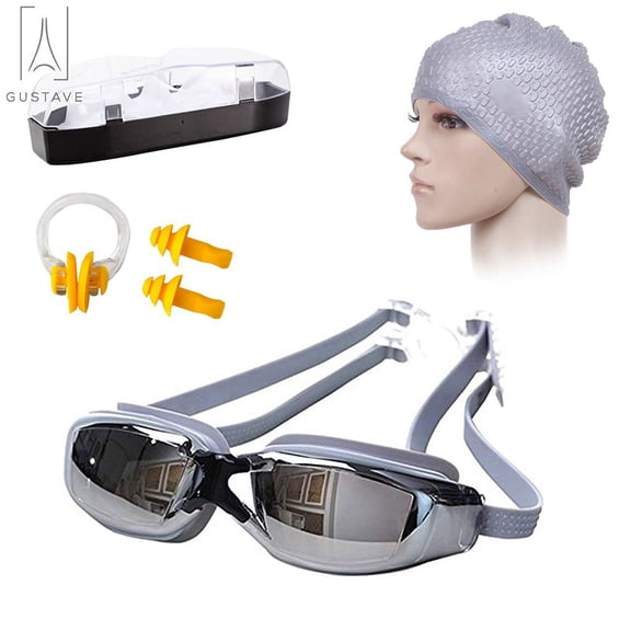 Gustave Swimming Goggles and Cap, Silicone Swimming Bubble Cap Anti-slip Anti-fog Swim Goggle Swimming Glasses Set for Adults Men Women Youth, Gray