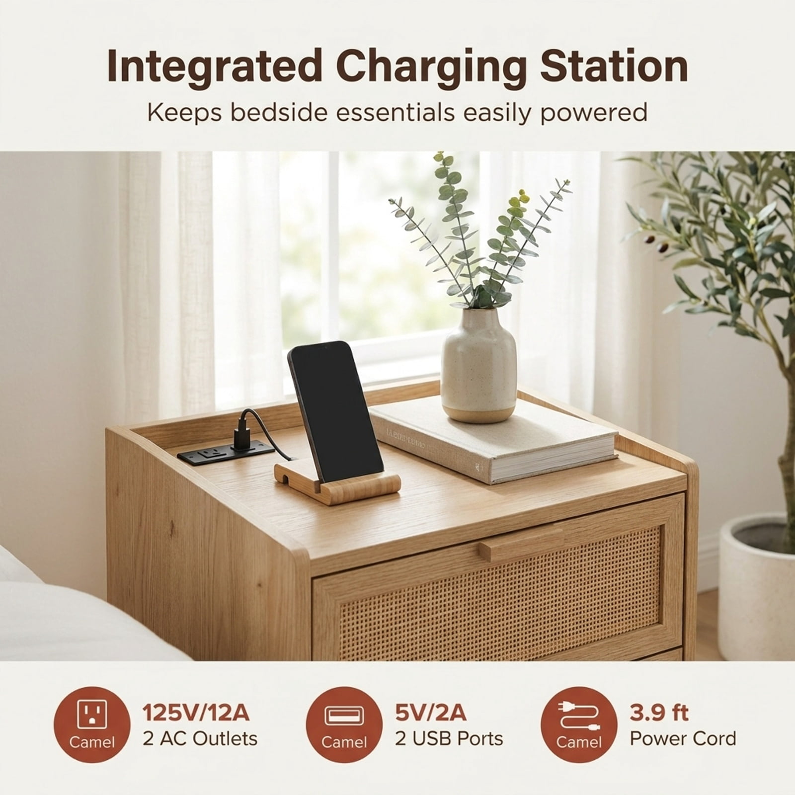 Furnibear Rattan Nightstand with Charging Station and Storage Shelf for Bedroom for Bedroom Living Room Bedside Sofa Side Small Space, Oak