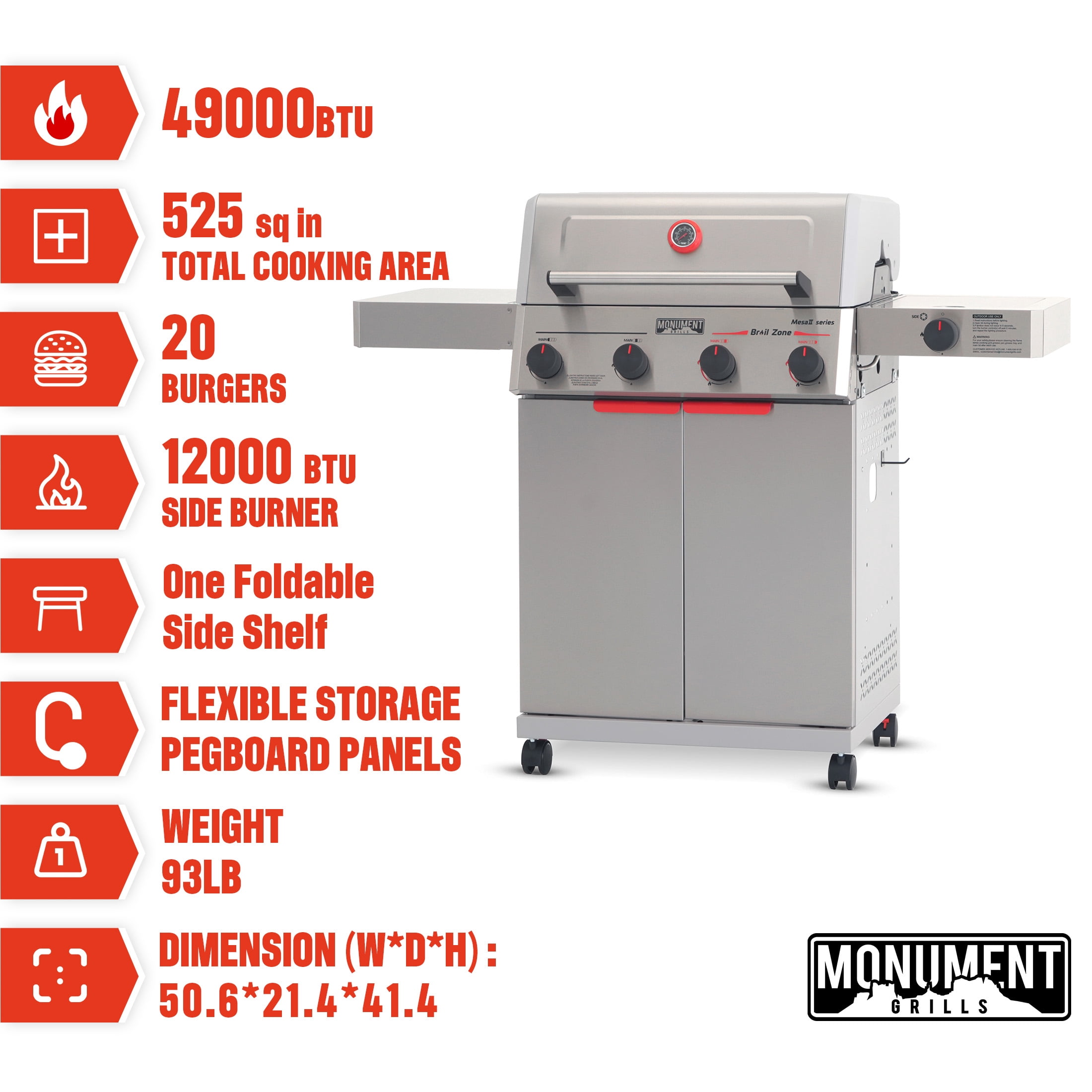 Monument Grills 4 +1  Burner Propane Gas Grill,49,000 BTU Stainless Steel Outdoor Patio Barbecue Grill with  Raincover