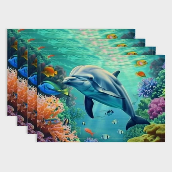 Shiartex Dolphin Coral Ocean Table Decor Linen Cloth 100% Placemats for Birthday Parties, Christmas Restaurants, Home Decoration - Set of 4 18x12in