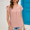thumbnail image 3 of Las mujeres ahuecan hacia fuera la parte superior verano casual suelta color sólido manga corta pétalo cuello redondo camiseta blusa cuero rosa M, 3 of 8
