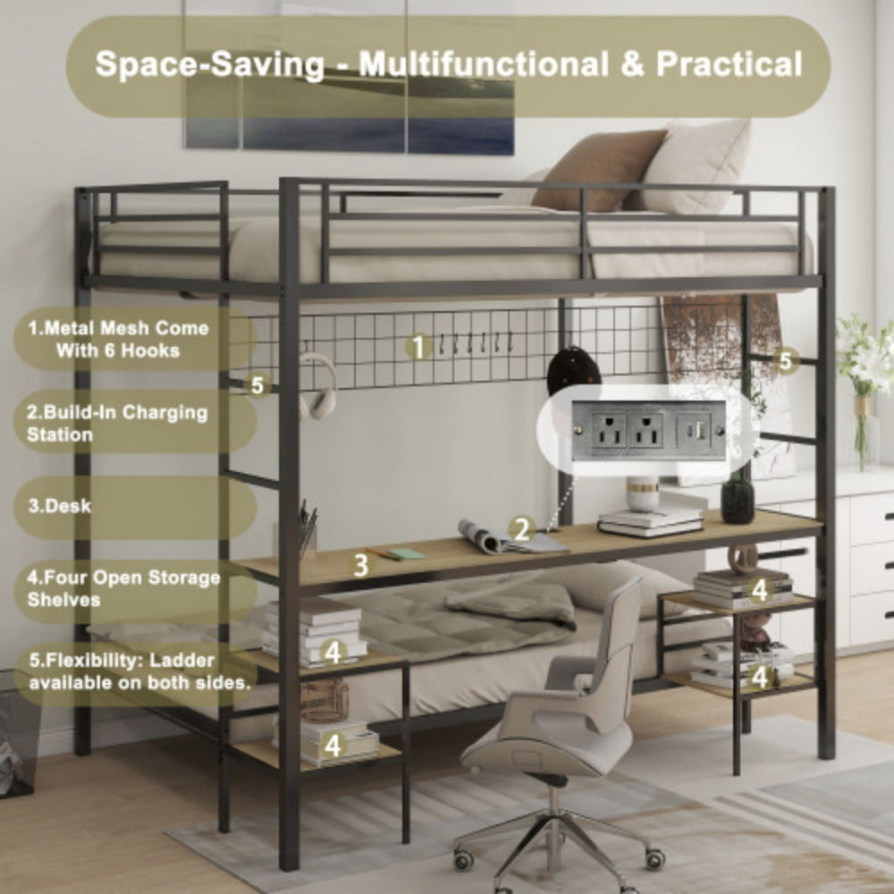 Full Over Twin Bunk Bed with Desk, Charging Station, Storage Shelves, Wire Mesh Panel & Hooks, Guardrails, Stairs, Black & Oak