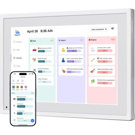 Dragon Touch 10" Digital Calendar with Chore Chart 1080P FHD Interactive Touchscreen, Smart Family Scheduler, Hearth Display Desk Electronic Calendar-White