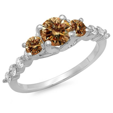 Dazzlingrock Collection 1.50 Carat (ctw) 14K Champagne & White Diamond 3 Stone Engagement Ring 1 1/2 CT, White Gold, Size 4.5