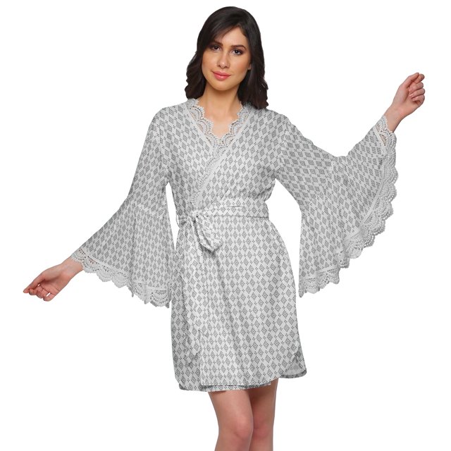 Moomaya Robe Courte Imprimée pour Mariée & Robe de Préparation & Manches Cloche & Peignoir & Enveloppe pour Femmes