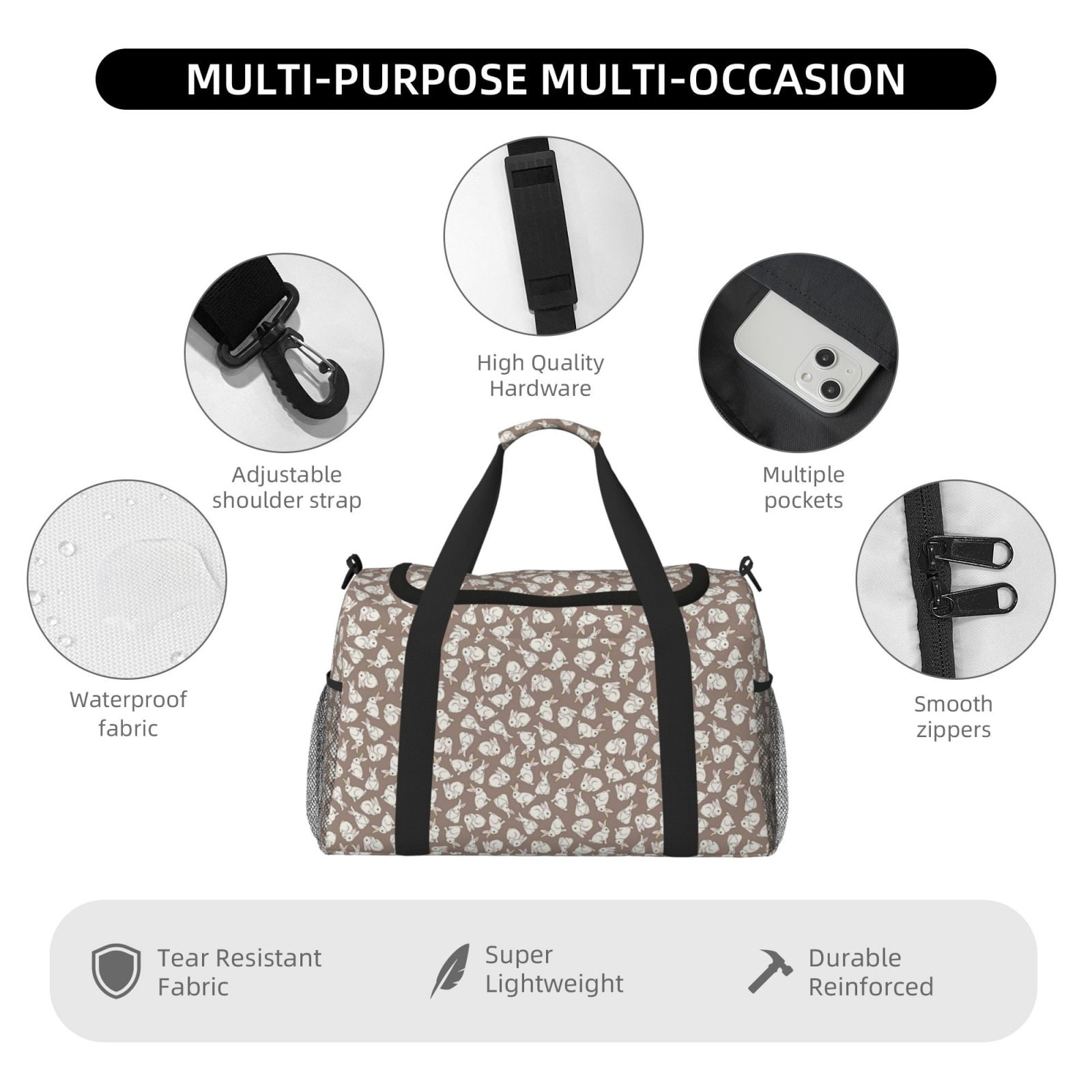 Fuzoiu Cute Rabbit Print Travel Duffle Bag,Carry On Tote Bags,Duffel Bag,Sport Gym Bag, Hospital Bag for Labor and Delivery, Overnight Bag,Luggage Bag