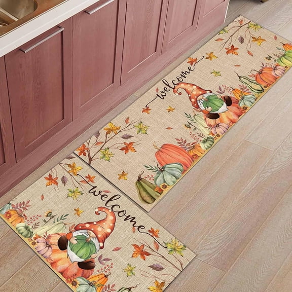 Fall Kitchen Mats 2 Piece, Gnome Pumpkin Halloween Thanksgiving Rustic Kitchen Rugs Set Maple Leaves Inside Floor Mat for Kitchen/Office/Entryway, 17"X30" 17"X47"