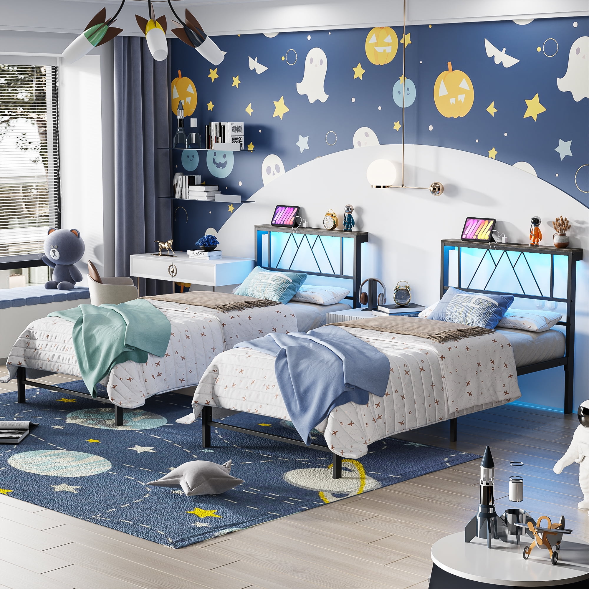 Yoneston Twin Size Platform Bed Fame with LED and Charging Station Storage Headboard No Box Spring Need for Kids Furniture, Black