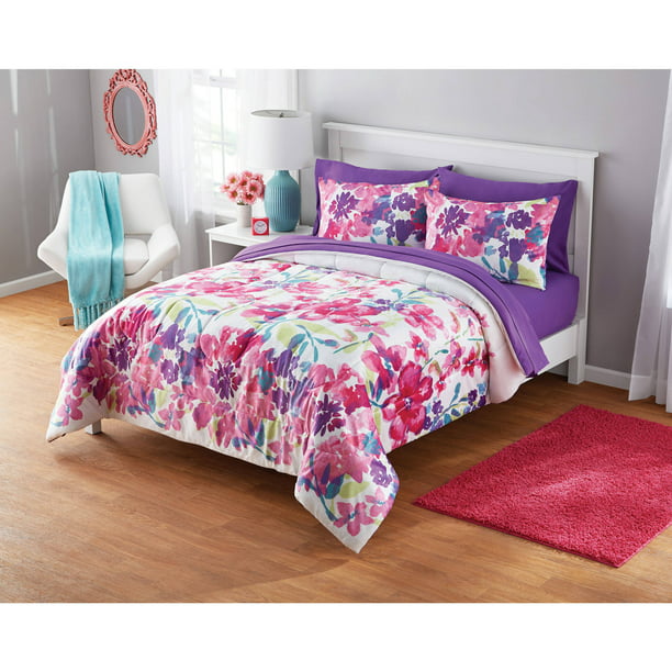 Your Zone Watercolor Floral Bedding Set With Reversible Comforter Walmart Com Walmart Com