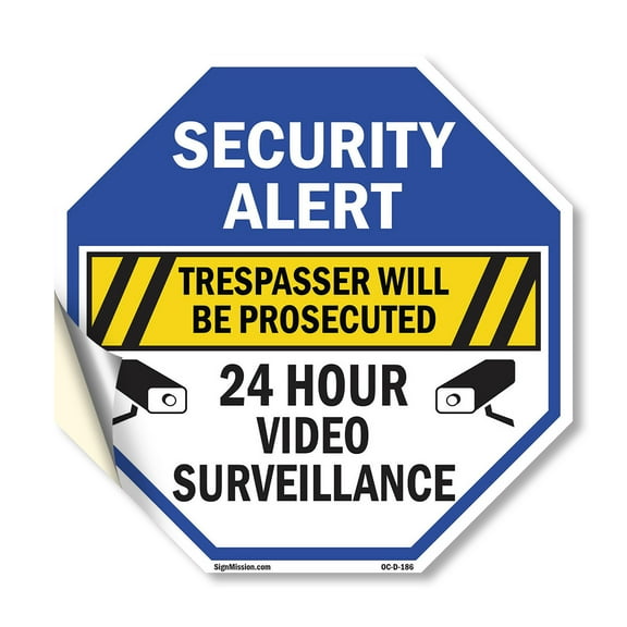 Security Alert Trespasser Will Be Prosecuted 24 Hour Video Surveillance 18 inch X 18 inch Octagon Vinyl Label Decal Sticker Weather Resistant, UV Protected for Workplace, Made in the