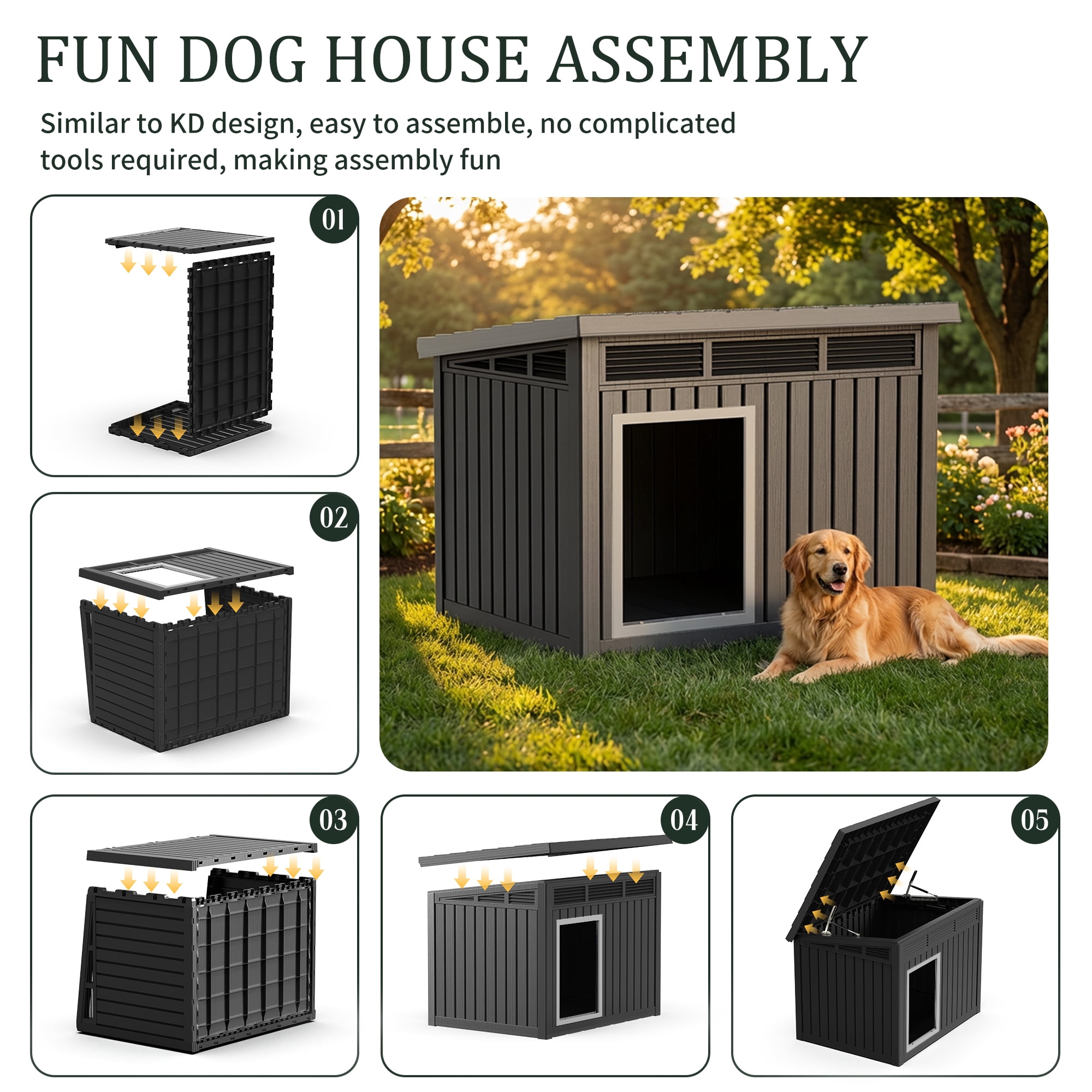Joxxoaa Large Dog House Outdoor for Indoor with Weatherproof & Removable Roof,Fits Small to Large (Black)