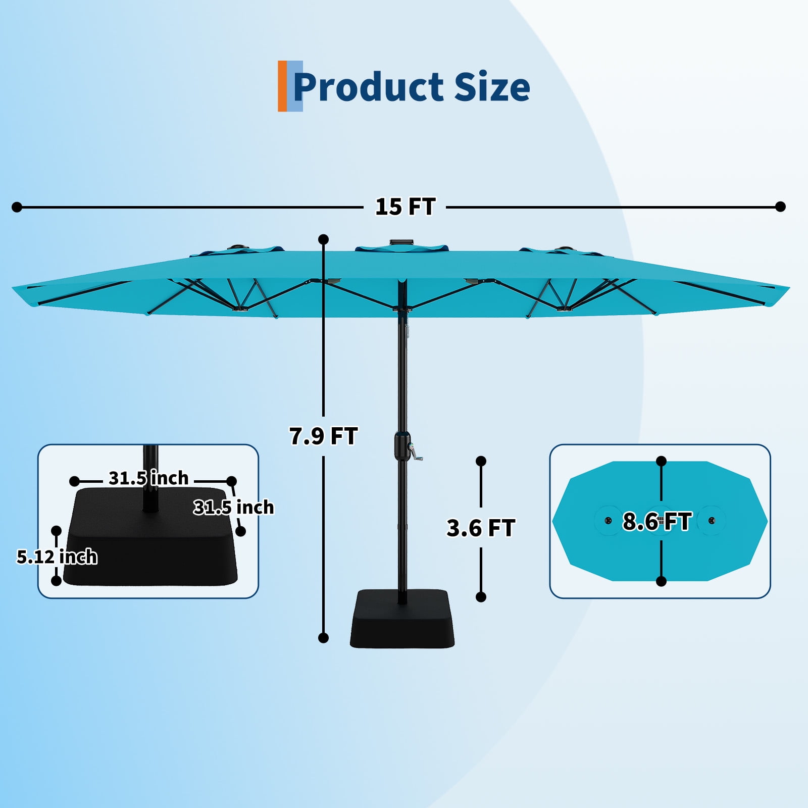 15Ft Large Patio Umbrella with Base, Double-Sided Rectangle Umbrella with Cross Base & Sandbag, for Pool, Lawn or Garden