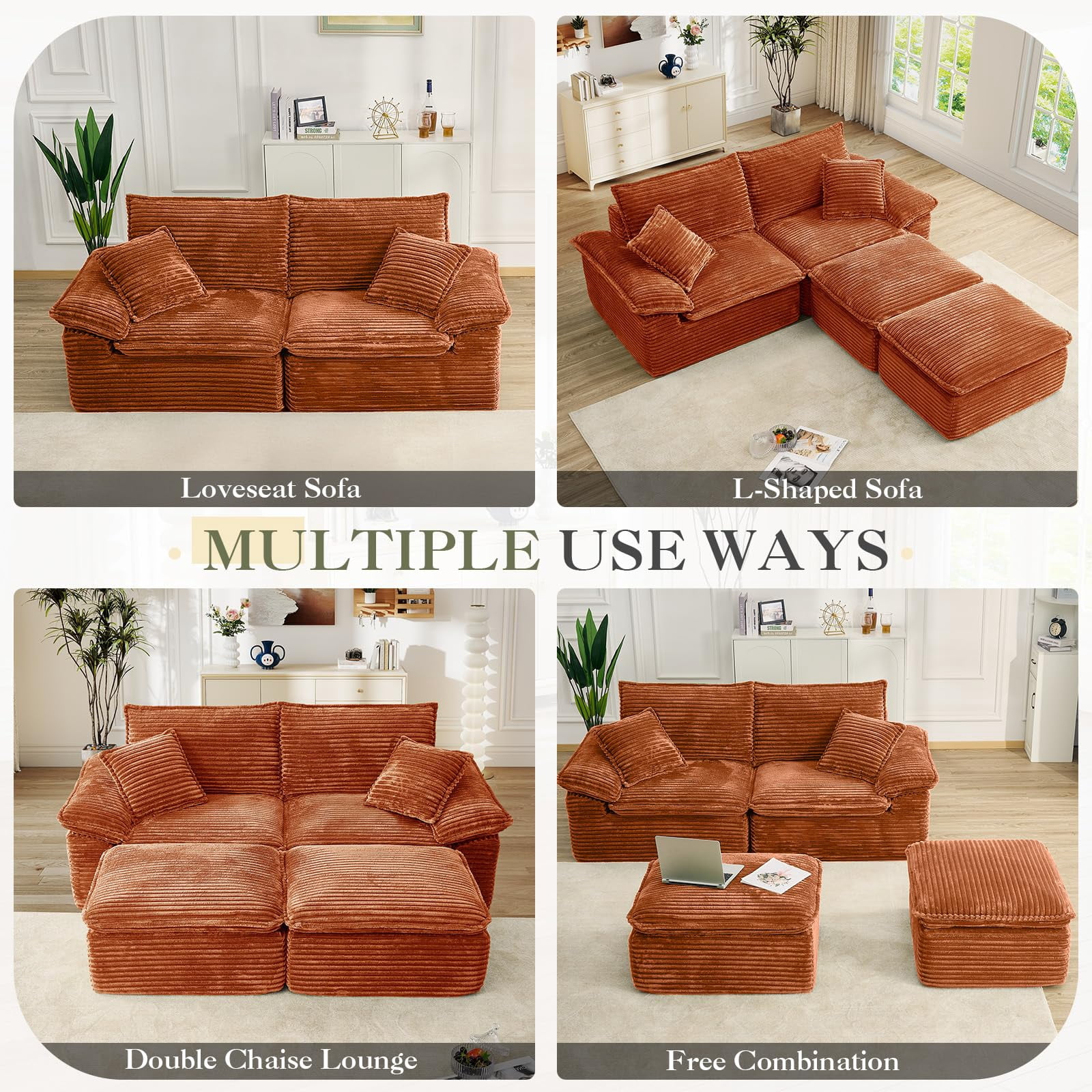 Aukfa 4-Piece Modular Sectional Sofa, Corduroy Convertible Double Chaise Lounge with Ottomans, Orange