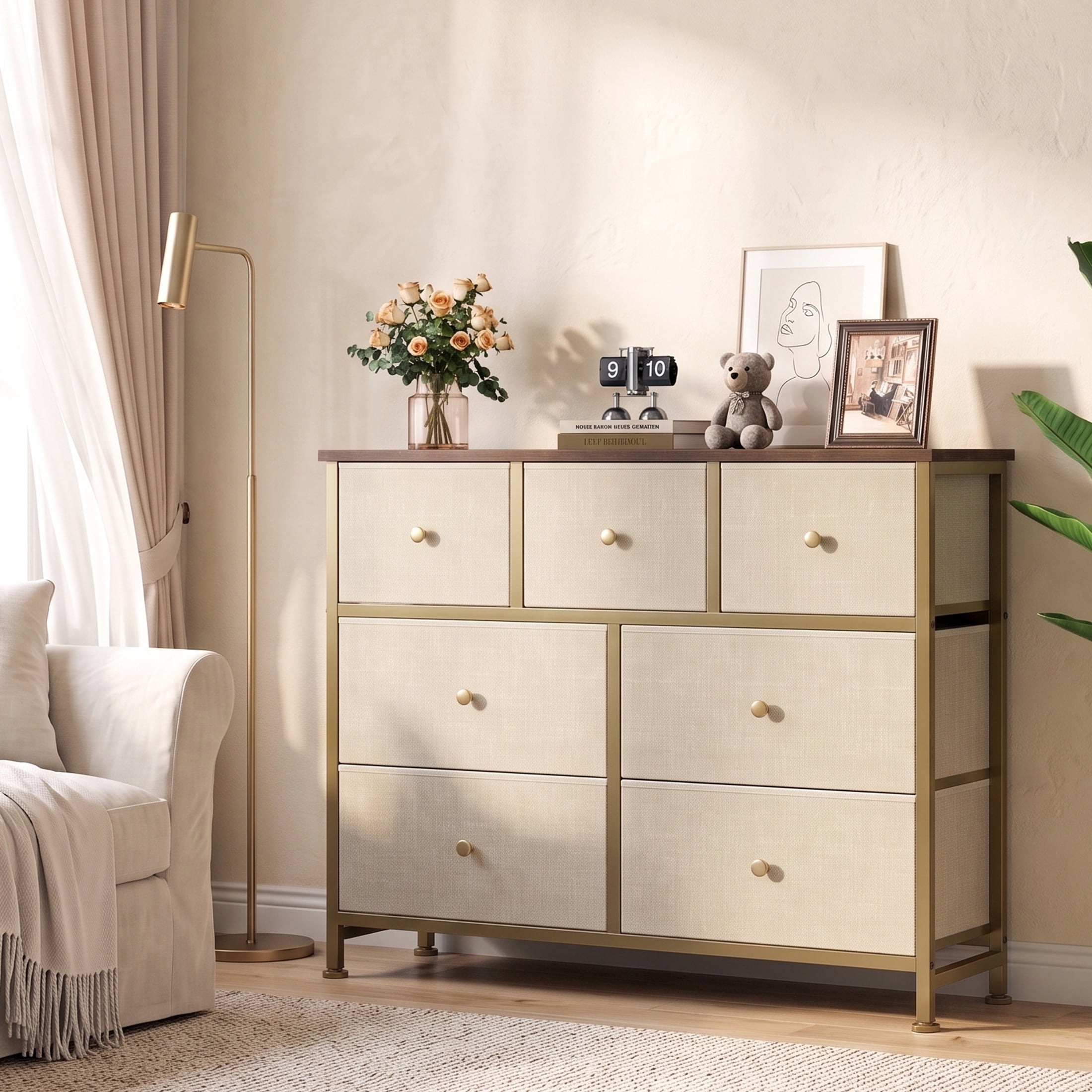 Gianna Chest of Drawers with 7 Fabric Drawers, Drawer Cabinet, Organization Furniture for Kitchen, Office, Hallway, Khaki