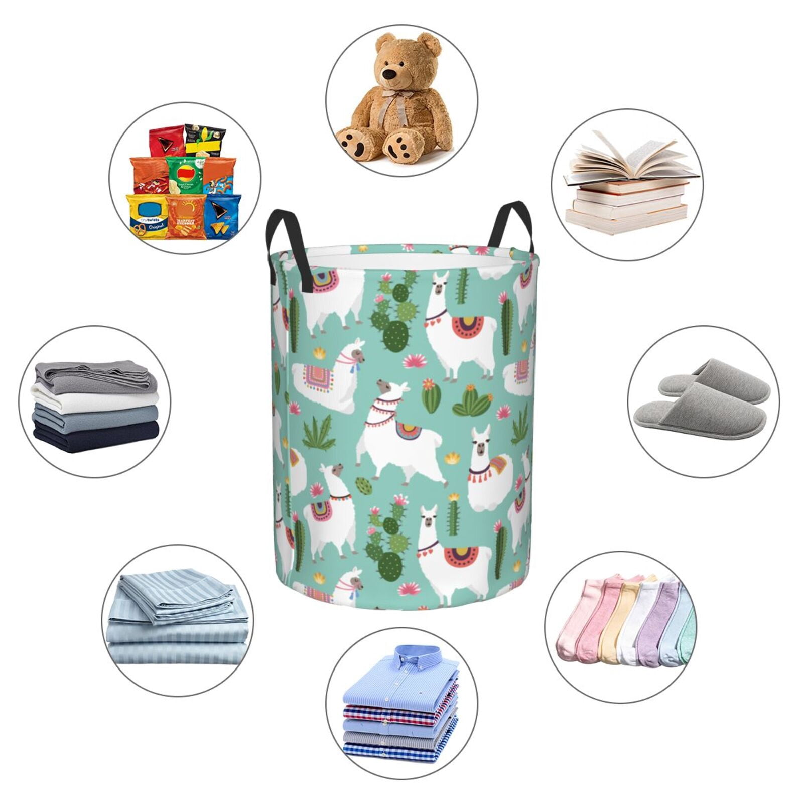 Large Laundry Basket with Handles - White Cute Alpaca Green Cactus Kids Baby Dirty Clothes Laundry Hamper for Bedroom Aesthetic