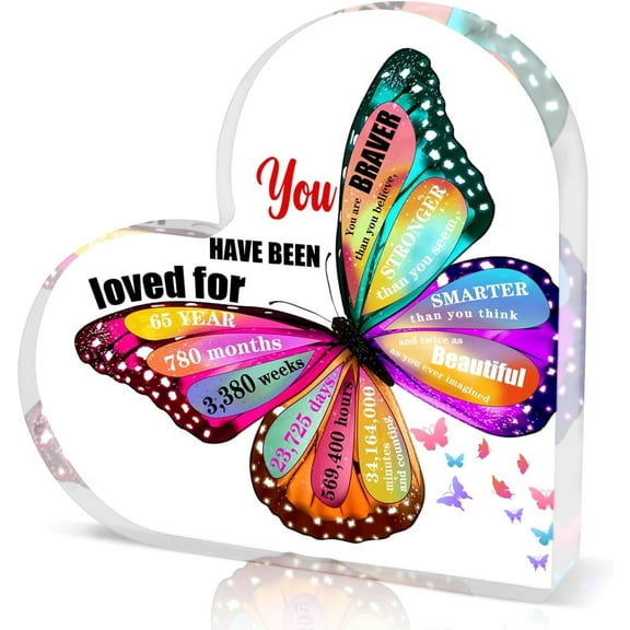 Gifts for 65 Year Old, 65th Gift for Birthdays for Women, Unique Birthday/Anniversary Present, Butterfly Gifts, Acrylic Heart Keepsake, You Have Been Loved for 65 Years 4x4 inch