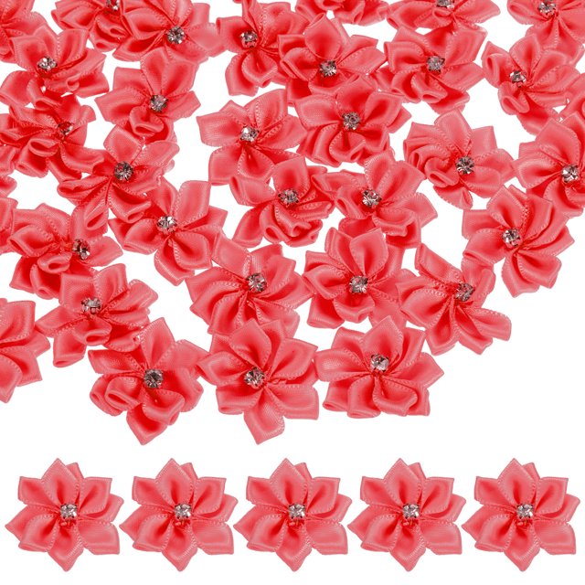 Uxcell 200-pack Flores de Cinta de Satén, Flores de Tela Mini de 1.2 Pulgadas con Strass para Manualidades y Proyectos de Bricolaje Rojo Sandía Oscuro