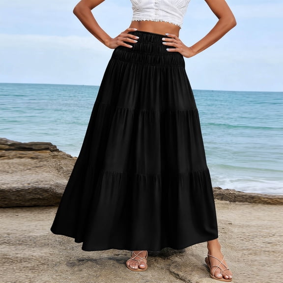 ClodeEU Women's Summer Solid Color High Waist A Line Maxi Skirt,Casual Flowy Pleated Long Skirt Black,Women's Plus L