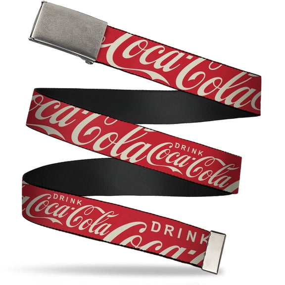 Adjustable Belt, Clamp Buckle, Cut-to-Fit, Drink Coca Cola Typography Logo Scattered Red White