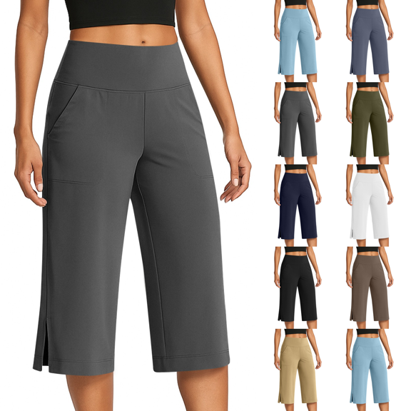 18" Capri Pants for Women High Waist Wide Leg Yoga Capris with Pockets Stretchy Loose Fit Casual Workout Pull On Pants Dark Gray S