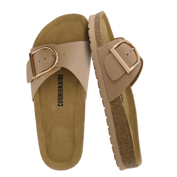 Cushionaire Leeds Sandals for Women, Slip On Big Buckle Slide Womens Sandals with Memory Foam Footbed, Comfortable Summer Footwear