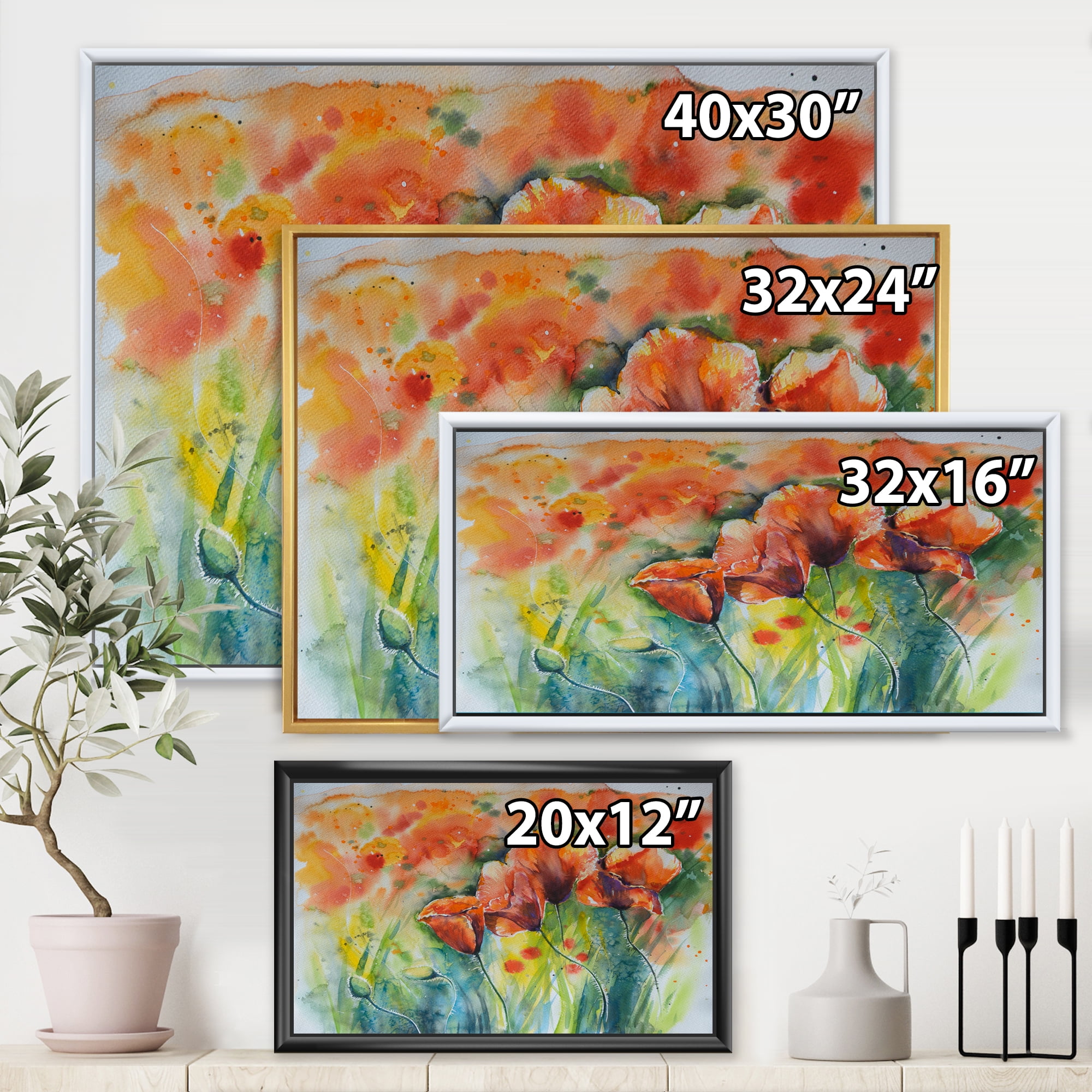 Designart 'Red Blossoming Poppies Over Wild Green IV' Traditional Framed Canvas Wall Art Print