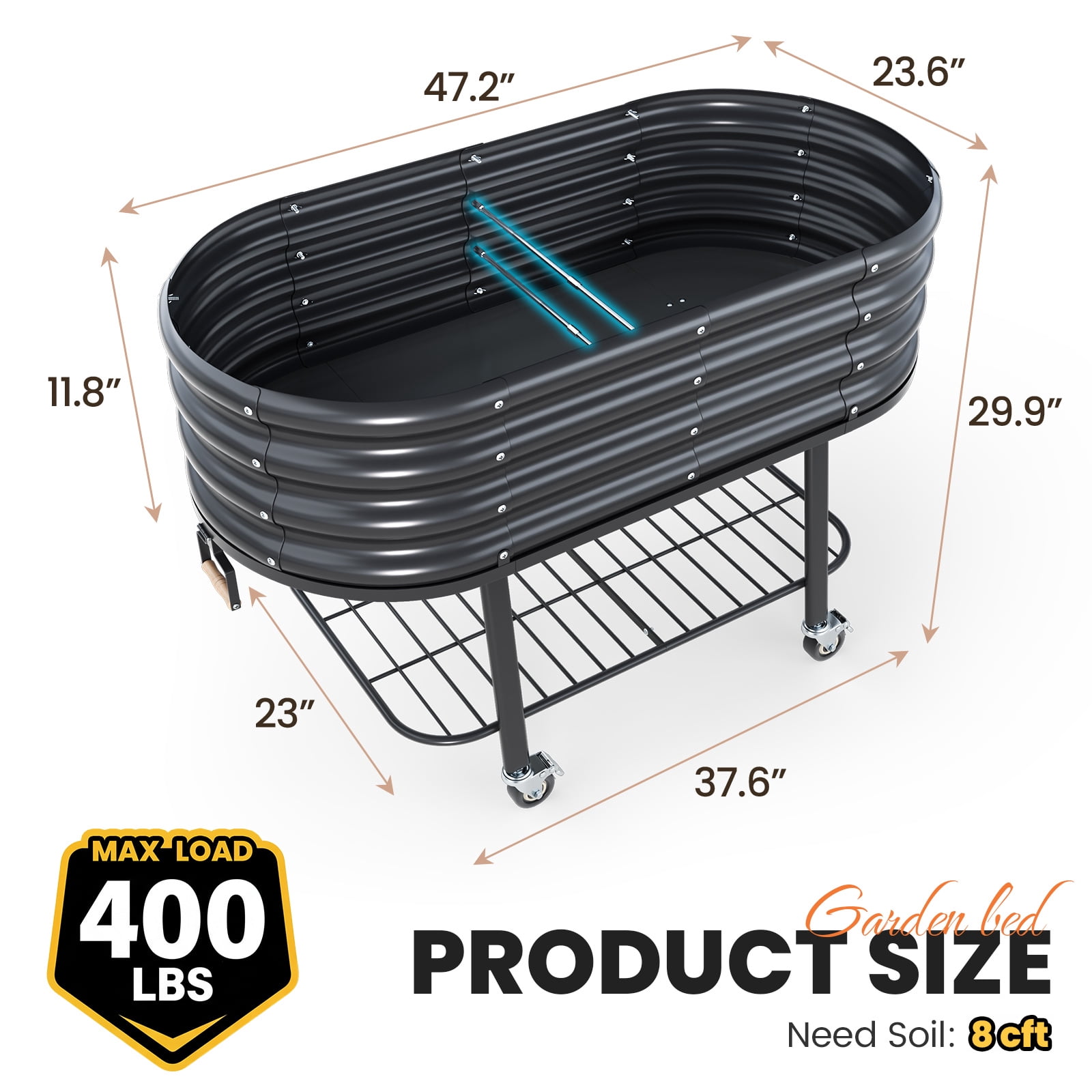 King Bird Galvanized Steel Metal Raised Garden Bed Kit with Storage Shelf & Wheels 47"x23"x30" Metal Planter Box, Elevated Garden Bed  Outdoor for Vegetables Flowers Dark Gray