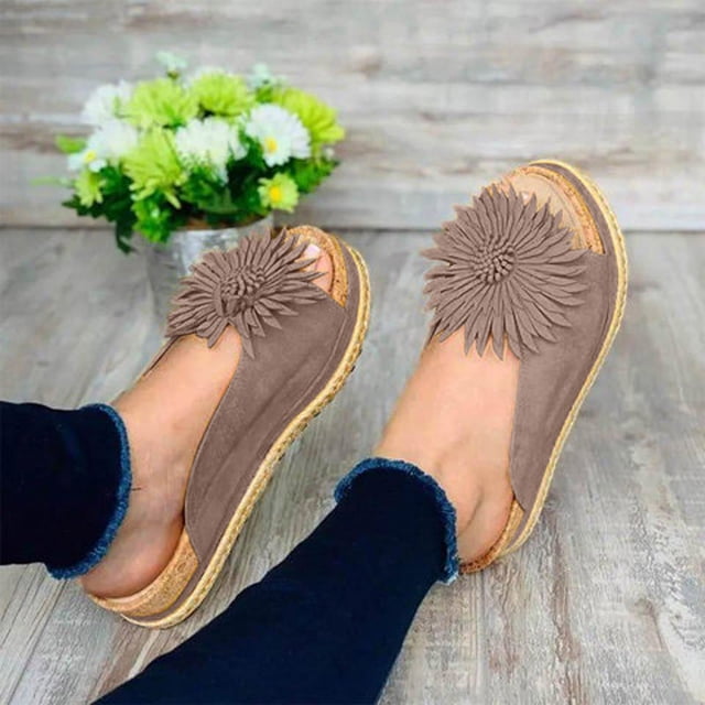 Vacaciones de ocio para mujer Cómodas flores de terciopelo Parte inferior gruesa plana con sandalias Wmkox8yii ytu2063