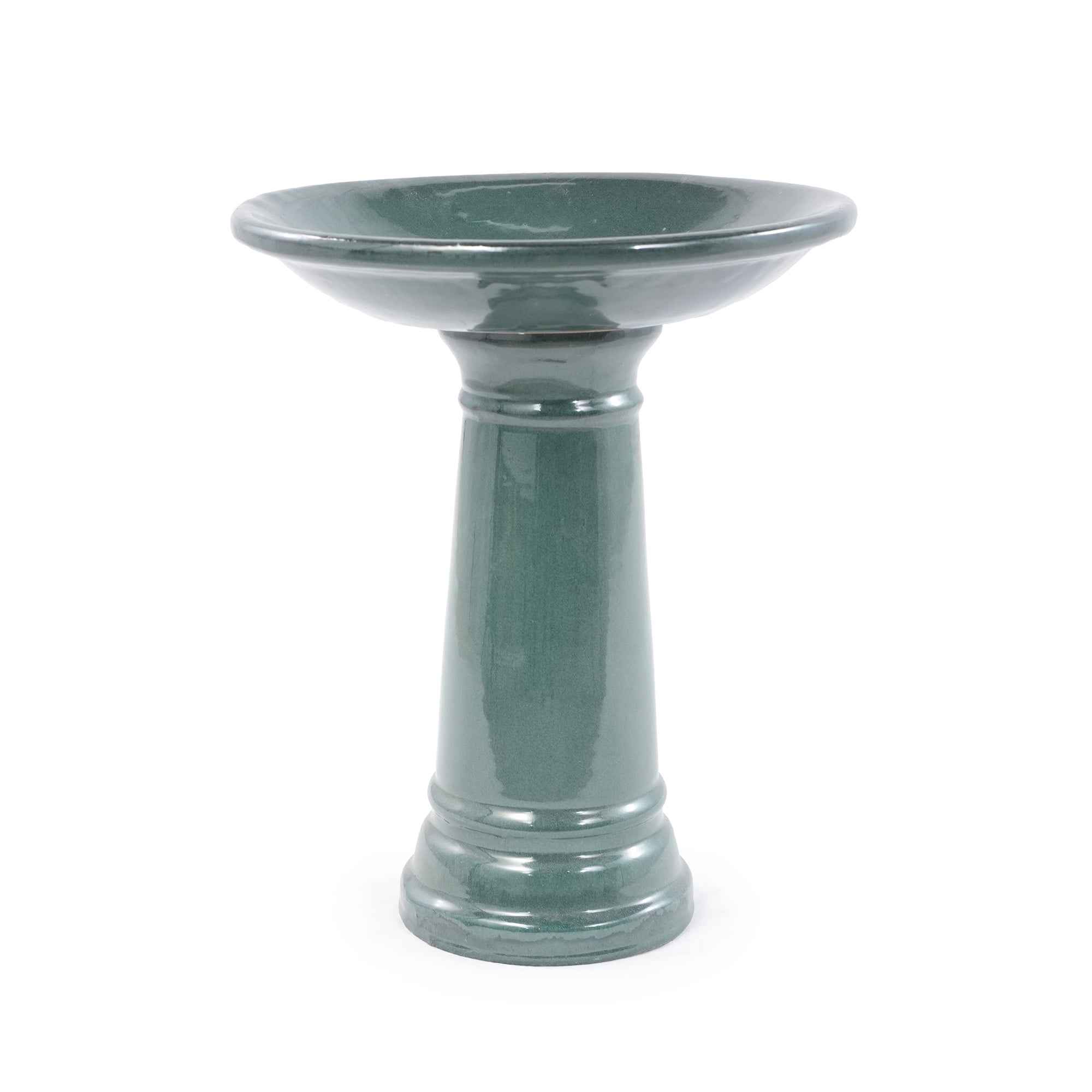 Ceramic Pedestal Bird Bath for Outdoor Garden, 12.4 Inch Diameter Vintage Forest Green Birdbath, Tall Backyard Patio Wild Bird Water Feeder Yard Decor
