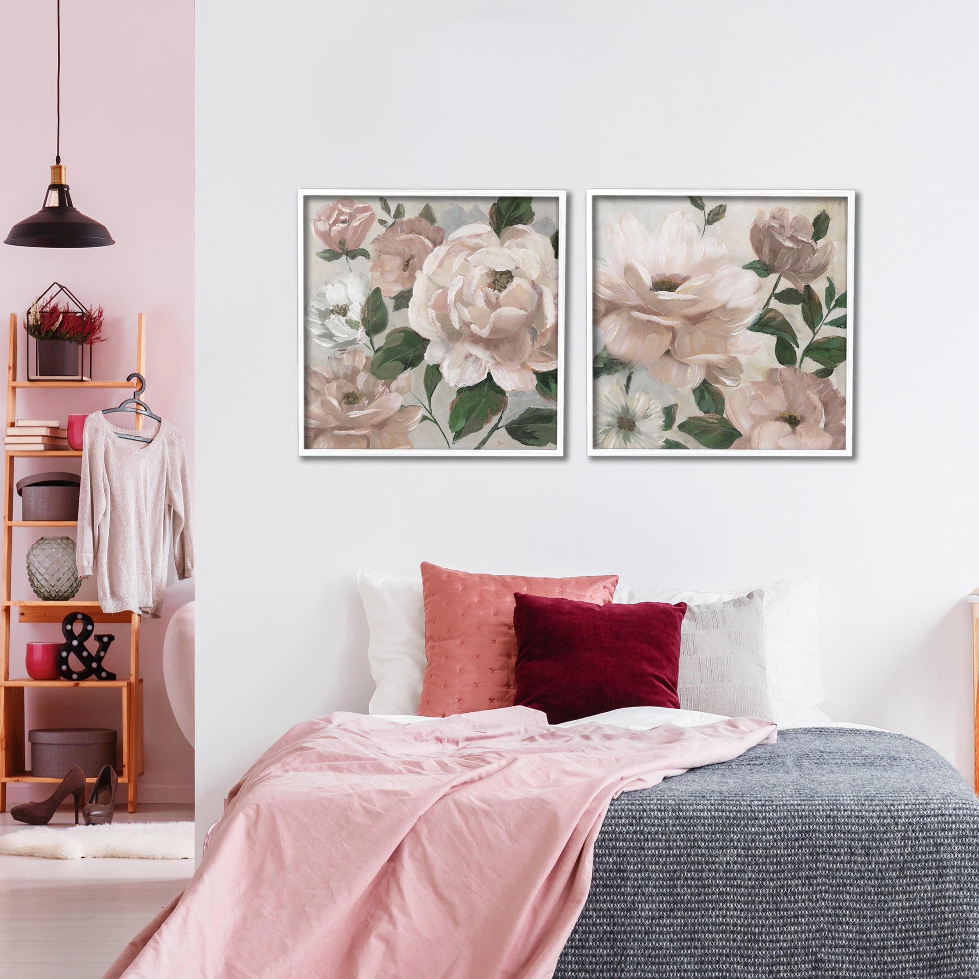 Stupell Industries Elegant Blush Peonies & Leaves 2 Piece White Framed Giclee Art Set, design by Nan