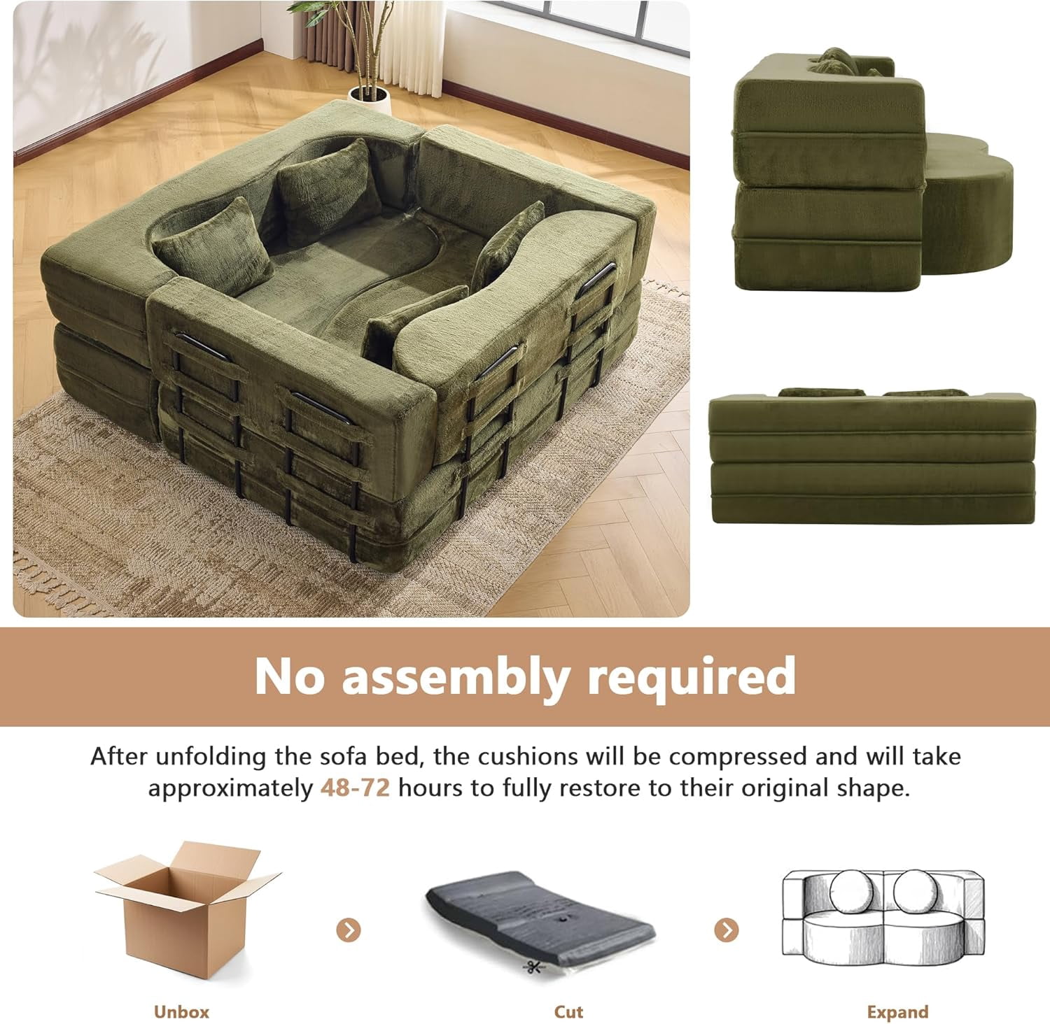 LUCKHAO Modern Foam Teddy Fabric Convertible and Oversized Sleeper Sofa Bed Loveseat with 2 Pillows, Green