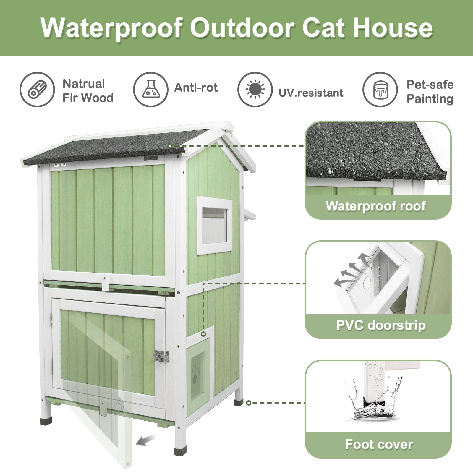 PETSCOSSET Cat House Outdoor Two-Story Wooden Feral Cat Shelter with Asphalt Roof, Green