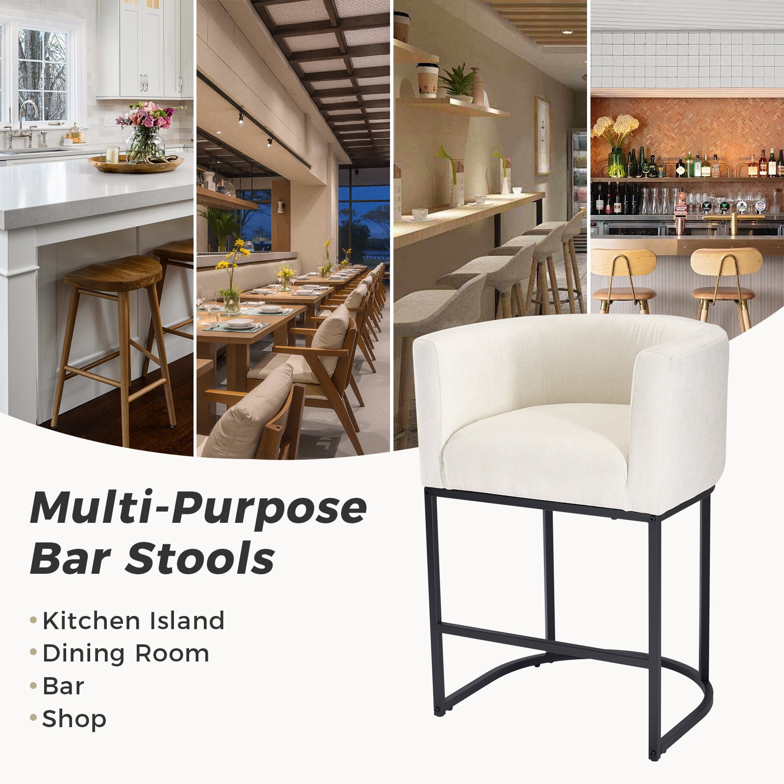 CONCETTA 27" H Barrel Bar Stool, Modern Counter Height Barstools with Linen Fabric Upholstered Seat, 350lbs Capacity Kitchen Island Chair, Bar Stools with Metal Sled Base and Footrest for Kitchen