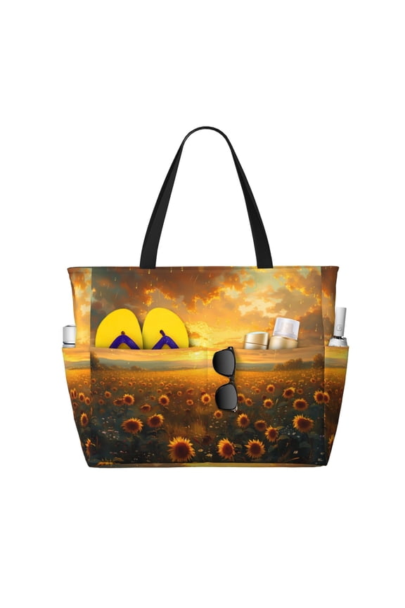 Sunflower Sunset Rainfall Large Capacity Beach Bag, Waterproof Sandproof Beach Swim Pool Bag Tote Bag for Women