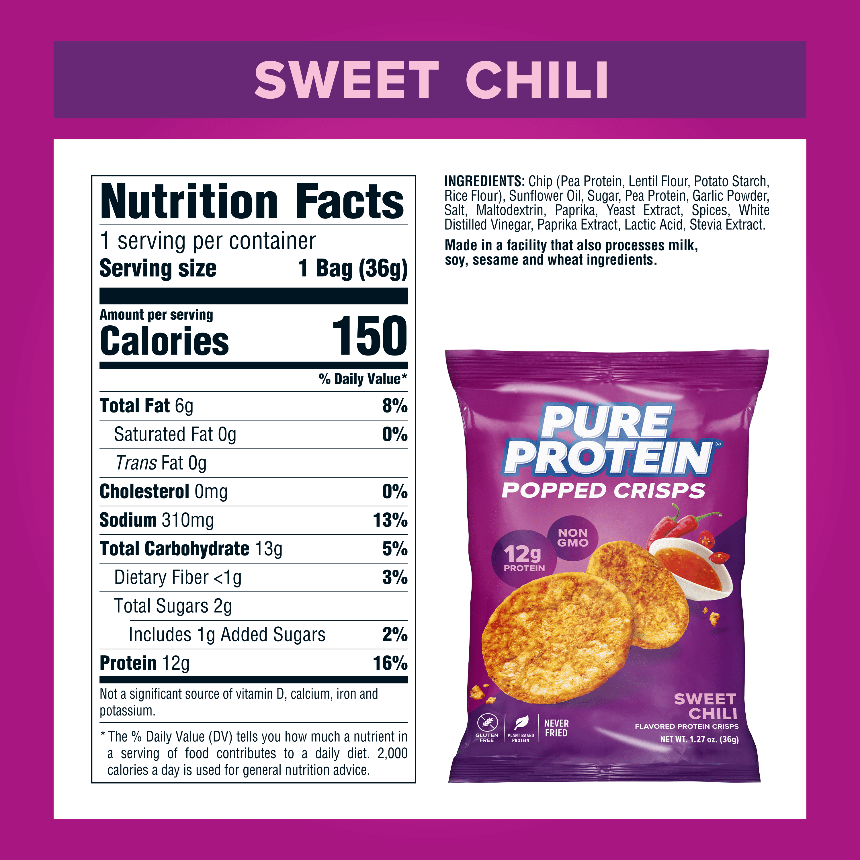 Pure Protein Popped Crisps, Sweet Chili Flavor Chips, 8 Count Box